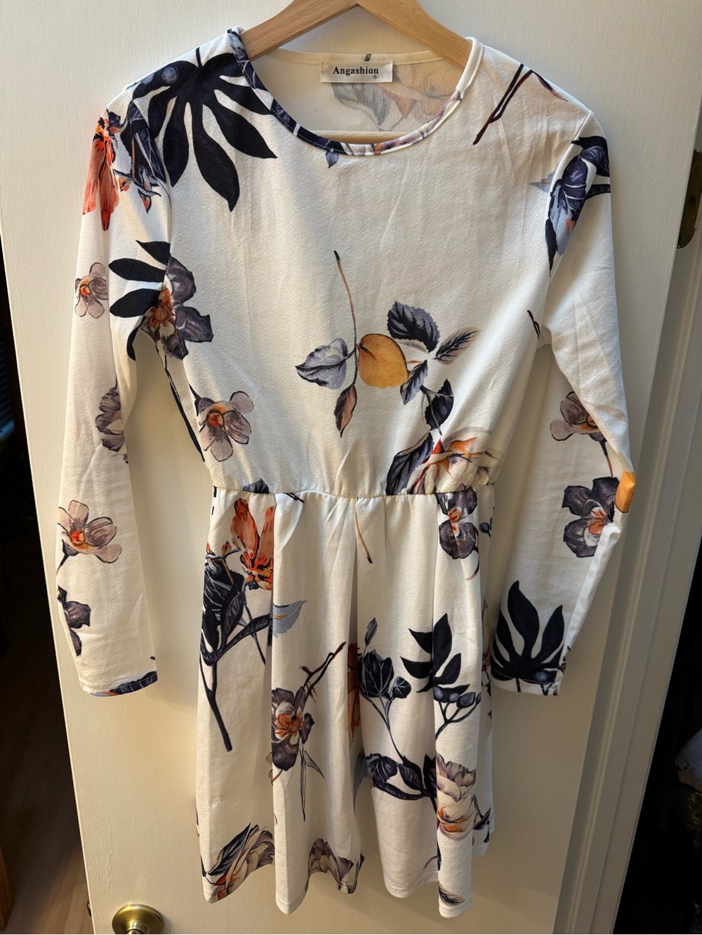 Angashion White Floral Mini Dress with Navy & Orange Print